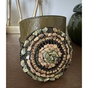 LEATHEROCK Women's Large Pebble Rock Buckle Green Leather Belt Sz L36 Boho